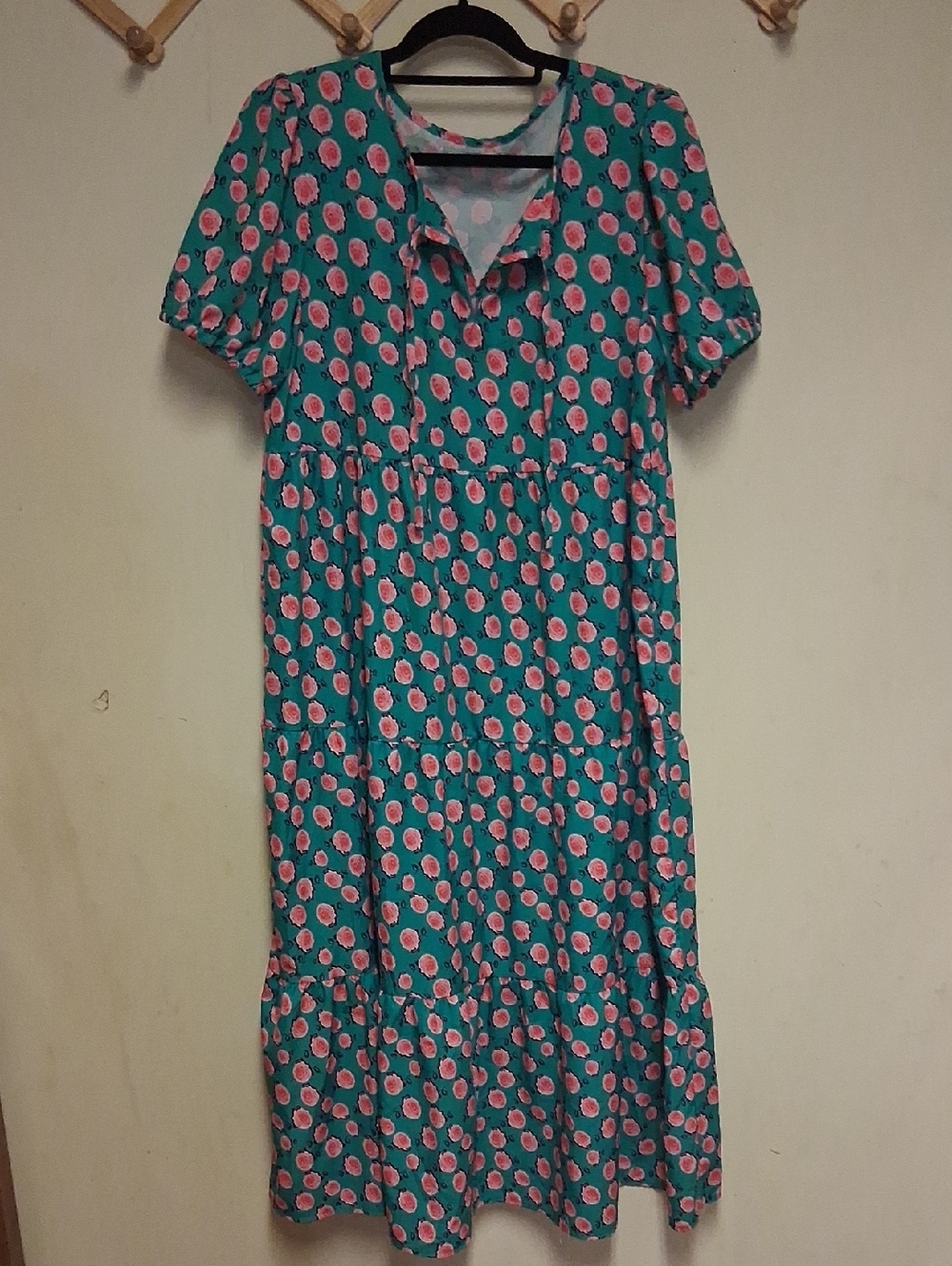 Womens Green Dress with Pink Floral Print